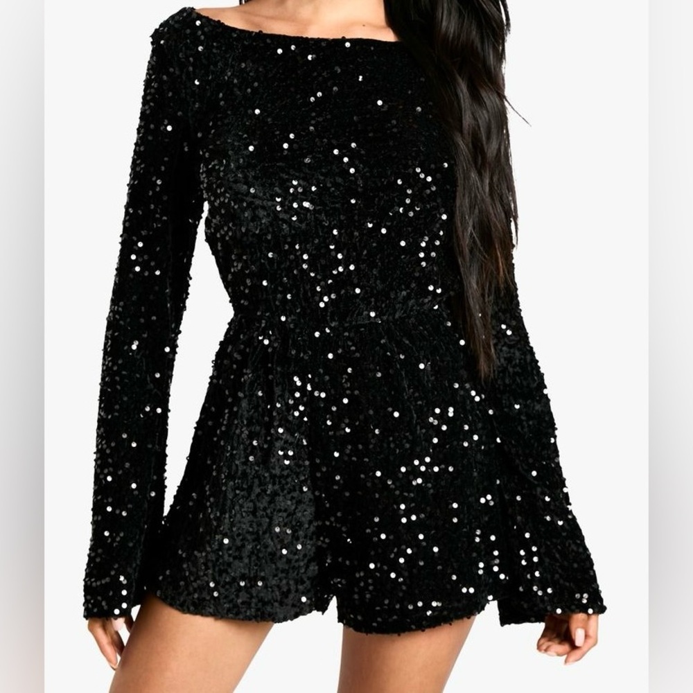 Boohoo Black Velvet Sequin Playsuit